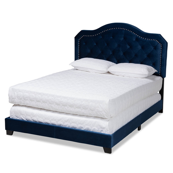 Baxton Studio Samantha Navy Blue Velvet Upholstered King Size Button Tufted Bed 160-9840